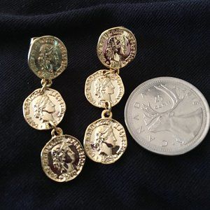 Dangle coin gold tone stud earrings
